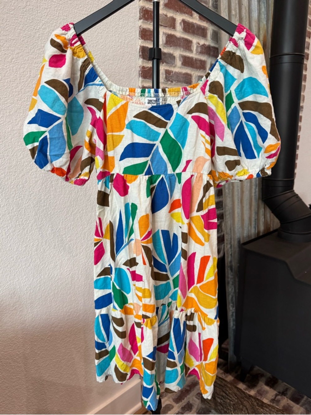 Tabitha Brown White & Colorful Leaf-Print Puff-Sleeve Mini Dress Size Small